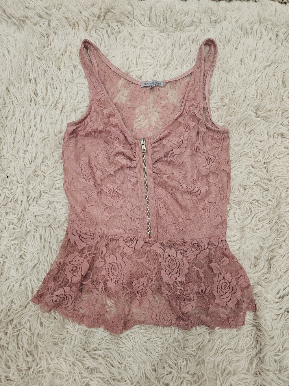 Charlotte Russe Rose Lace Peplum Camisole Tank Top with Front Zip